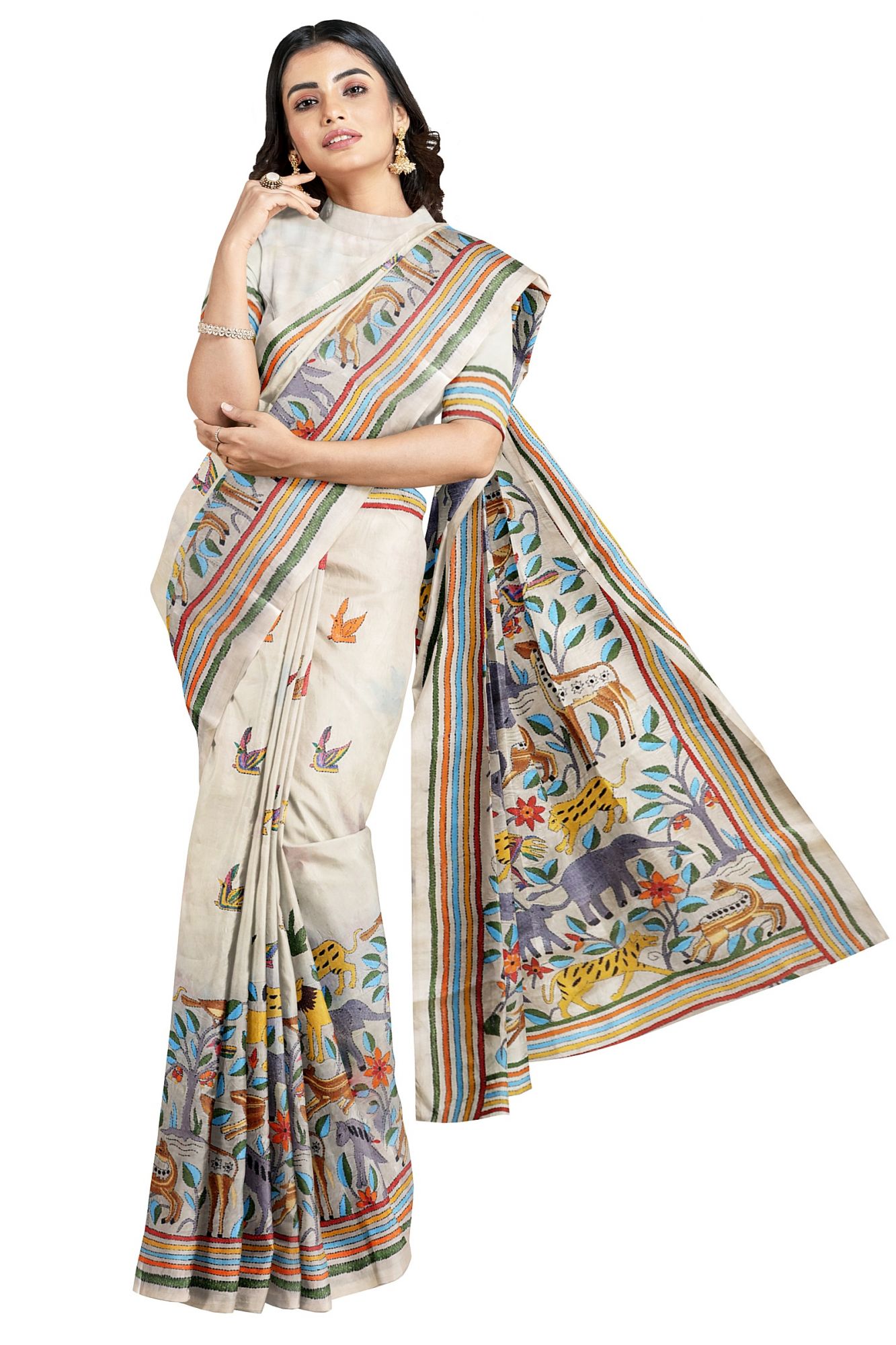 Kantha Hand Embroidered Work Silk Saree