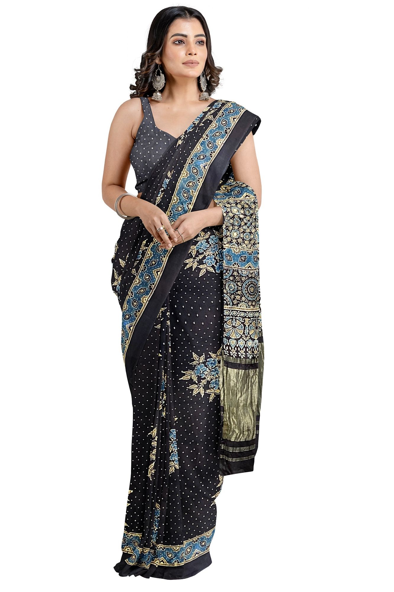 Ajrakh Hand Printed Modal Silk Saree