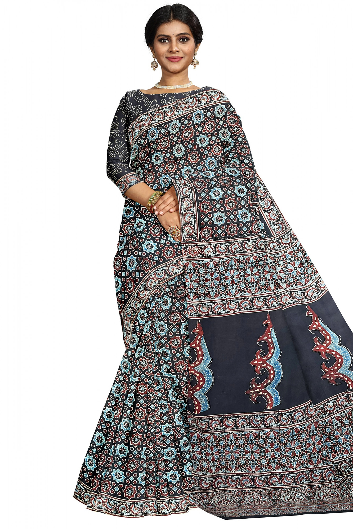 Hand Block Printed Ajrakh Modal Silk Saree