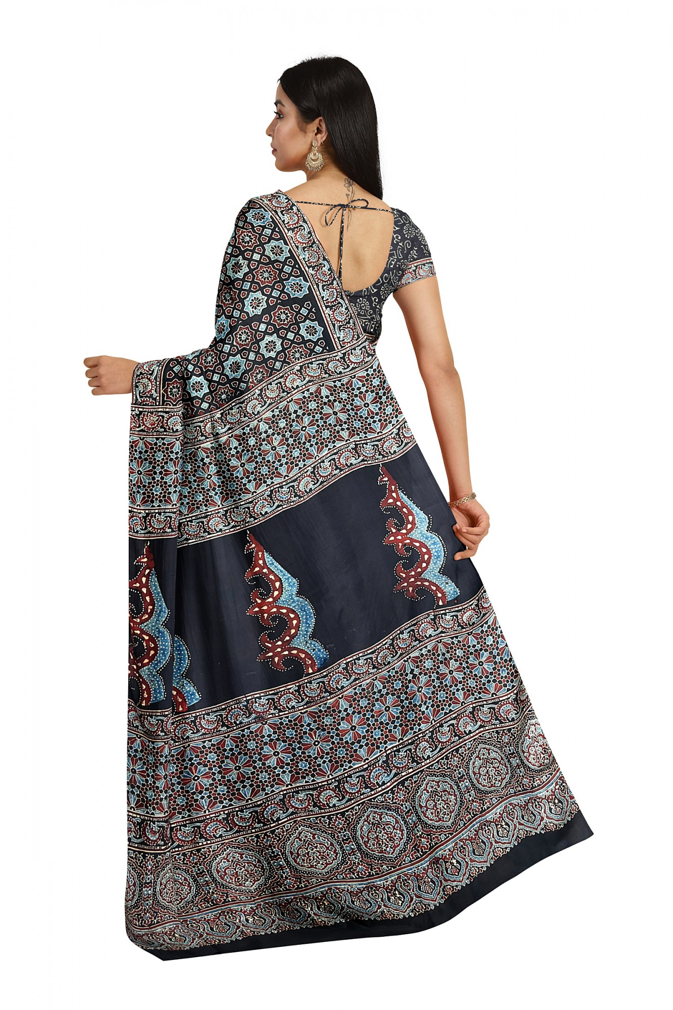 Hand Block Printed Ajrakh Modal Silk Saree