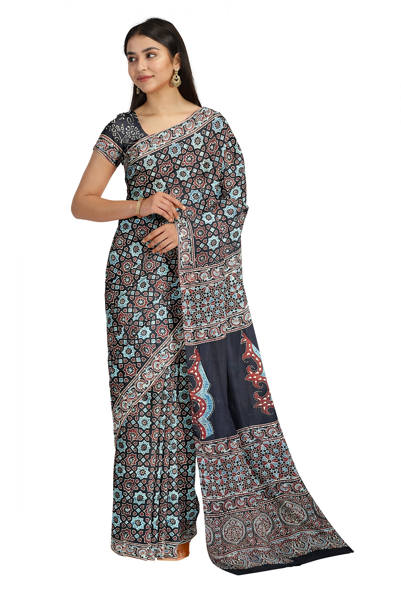 Hand Block Printed Ajrakh Modal Silk Saree