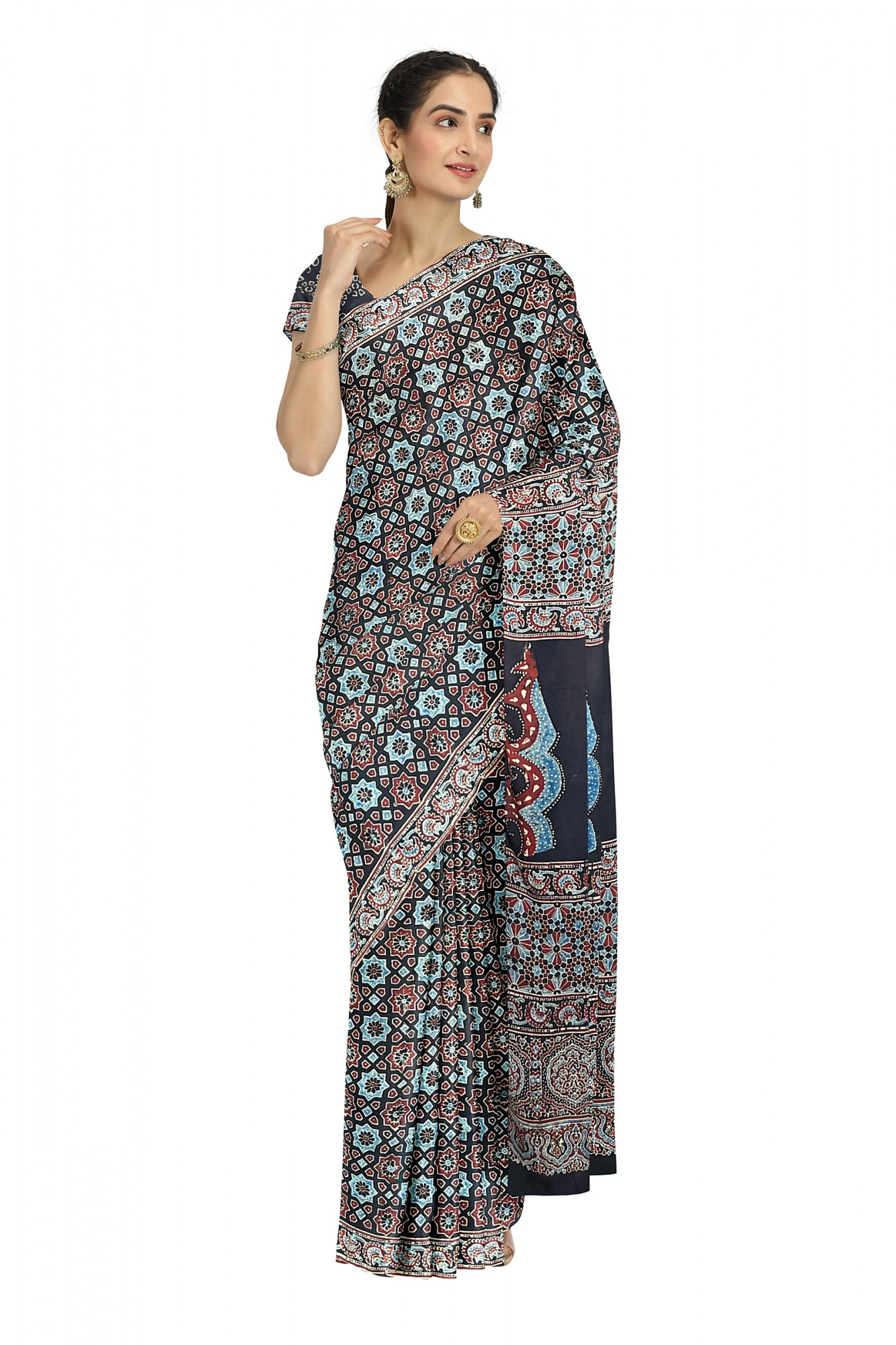 Hand Block Printed Ajrakh Modal Silk Saree