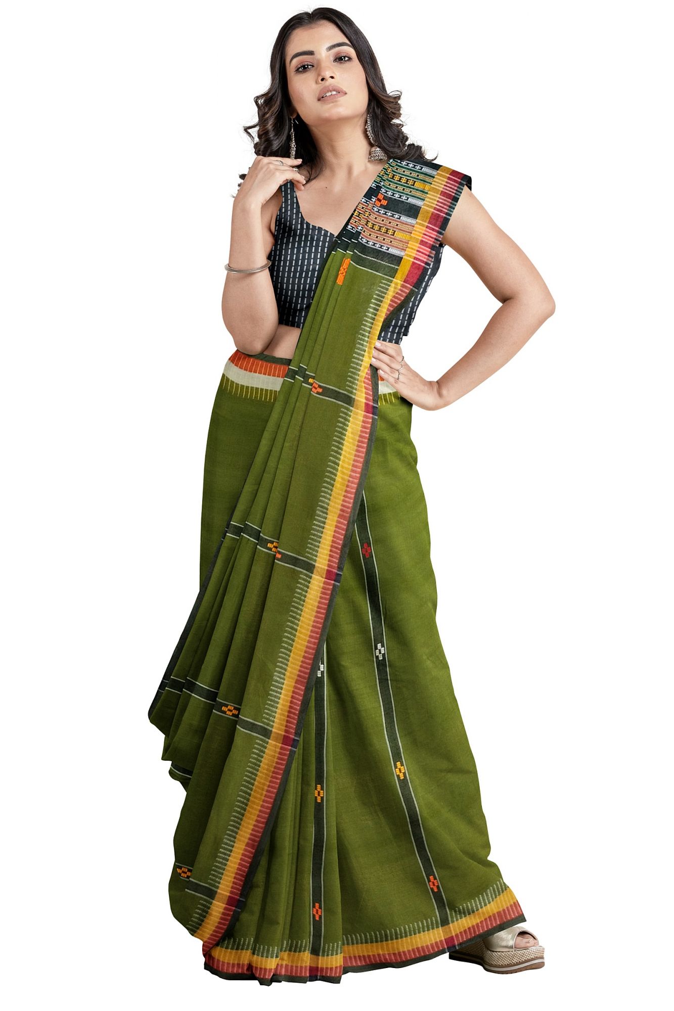 Olive Green Dhalapathara Handloom Cotton Saree