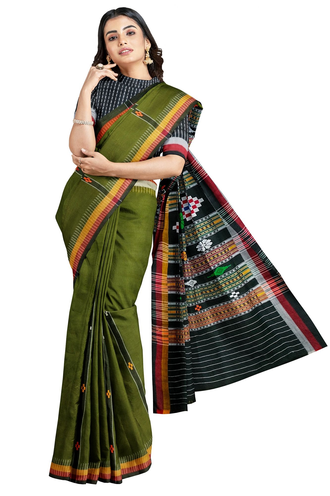 Olive Green Dhalapathara Handloom Cotton Saree