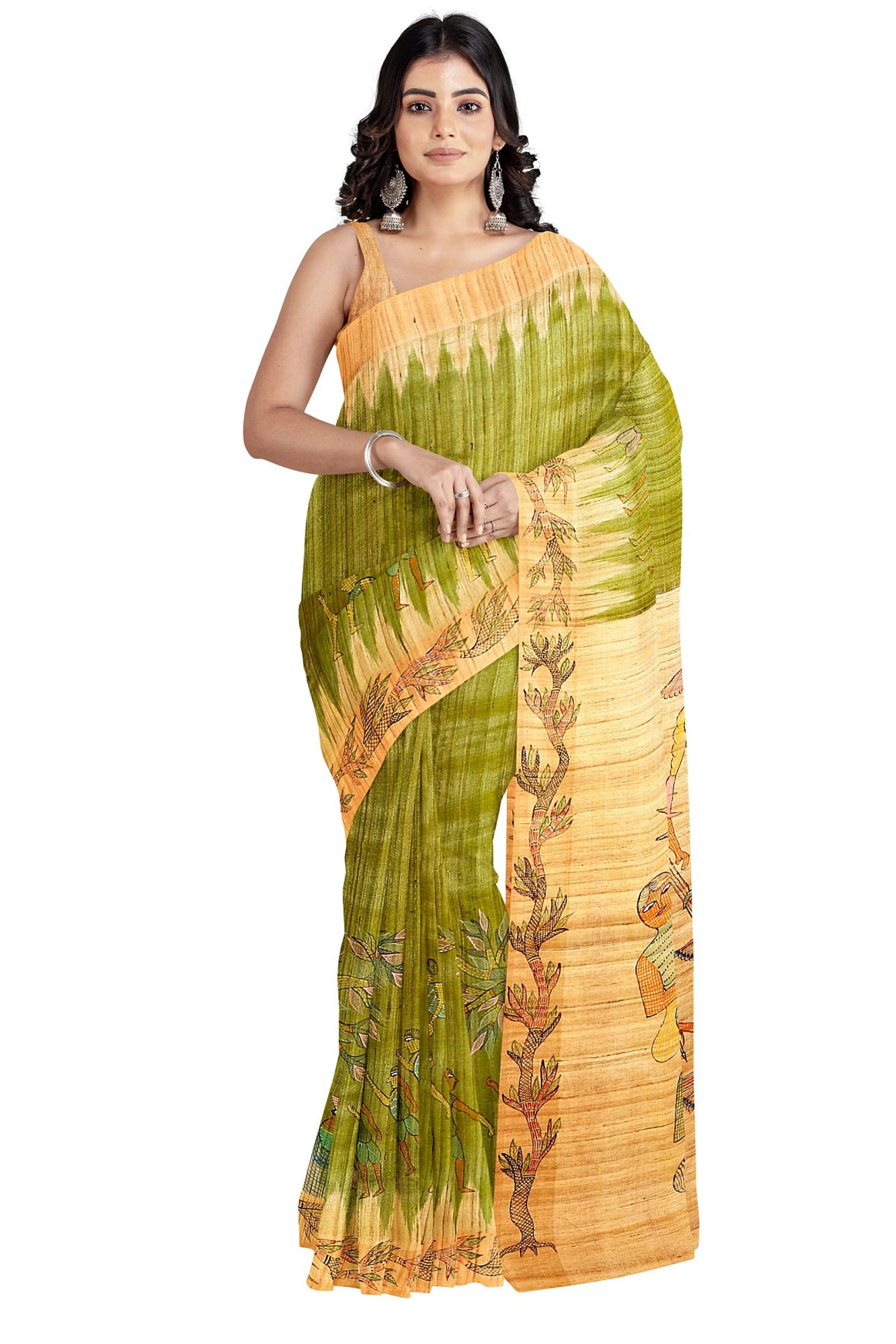 Gond Art Hand Painted Tussar Slik saree