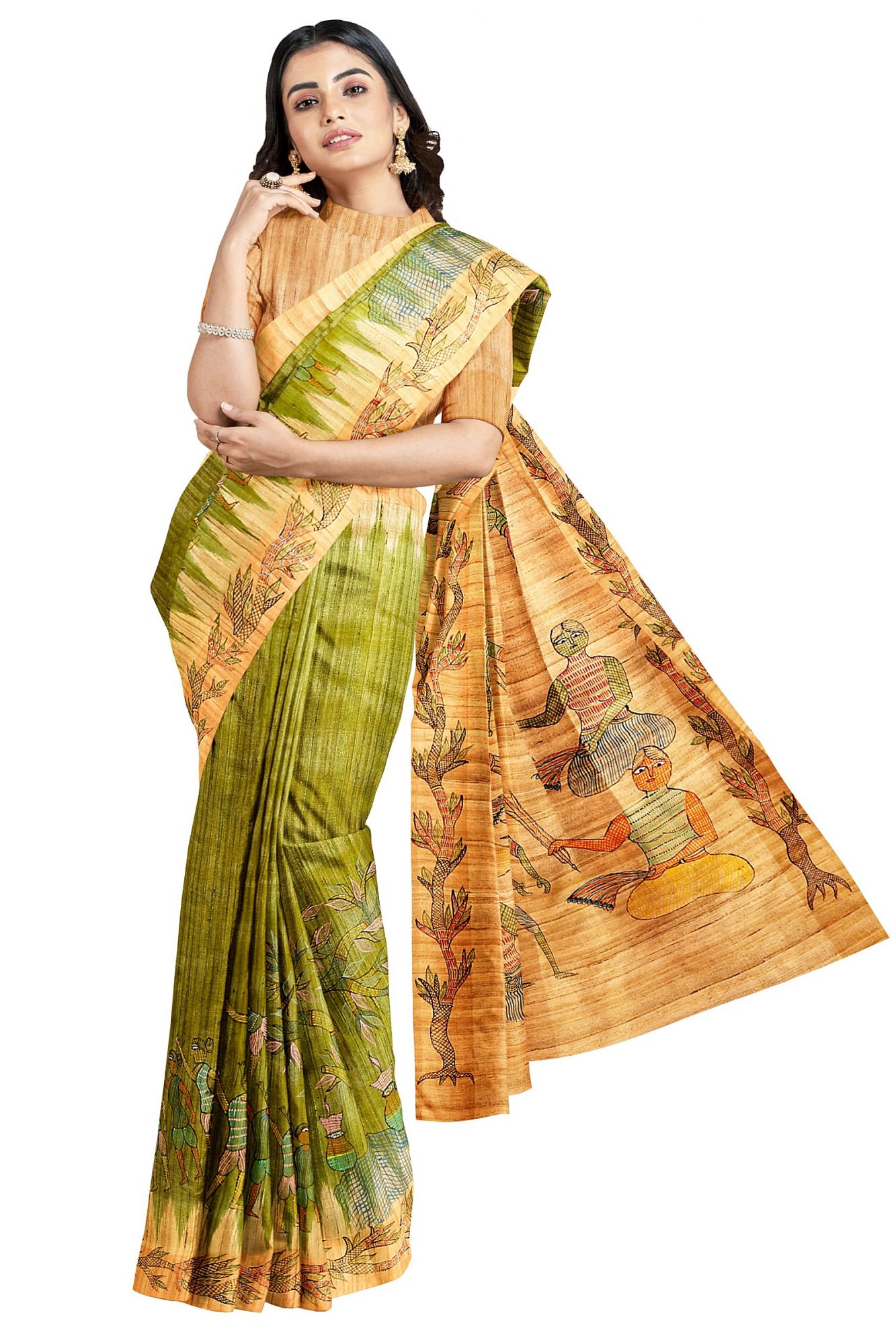 Gond Art Hand Painted Tussar Slik saree