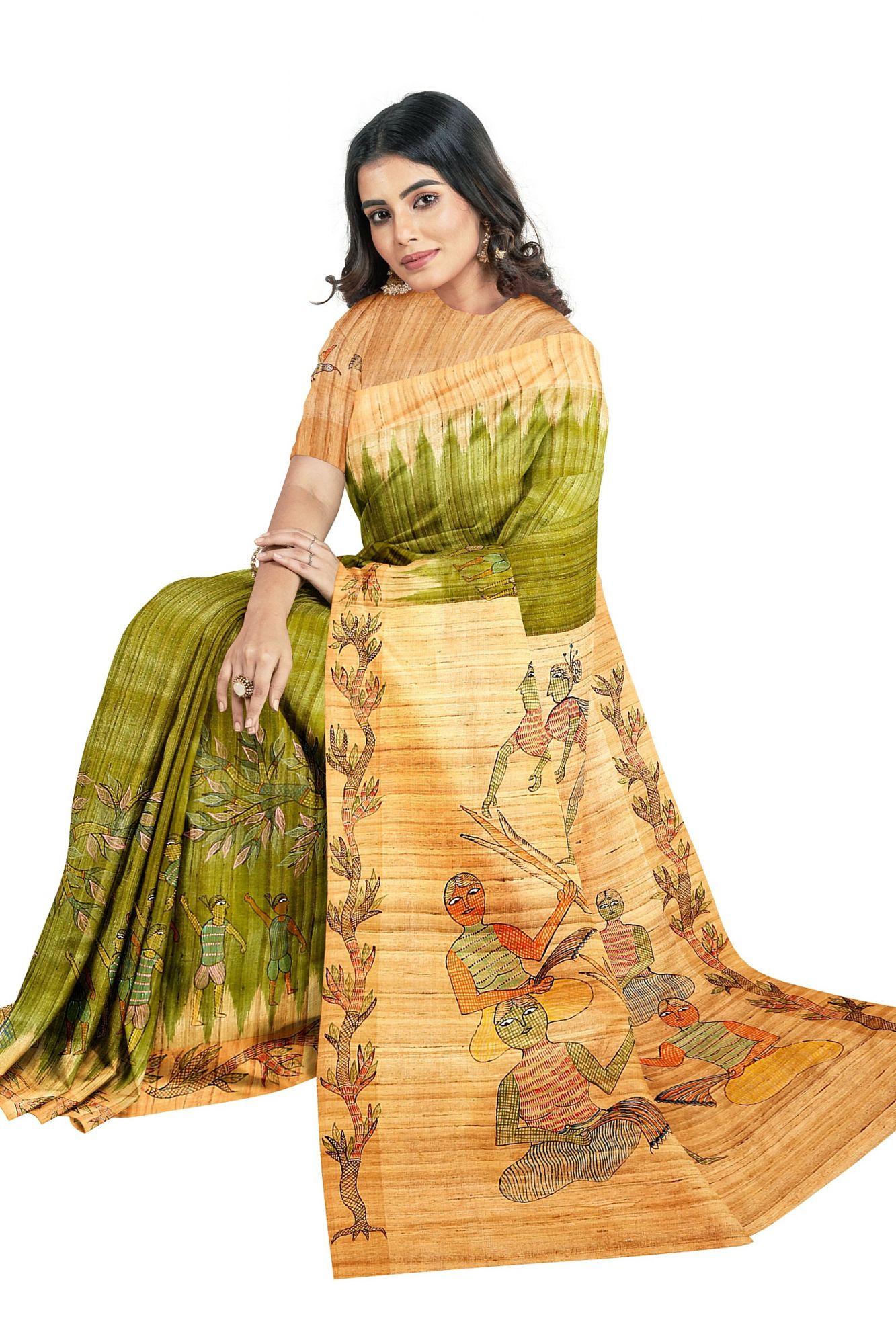 Gond Art Hand Painted Tussar Slik saree