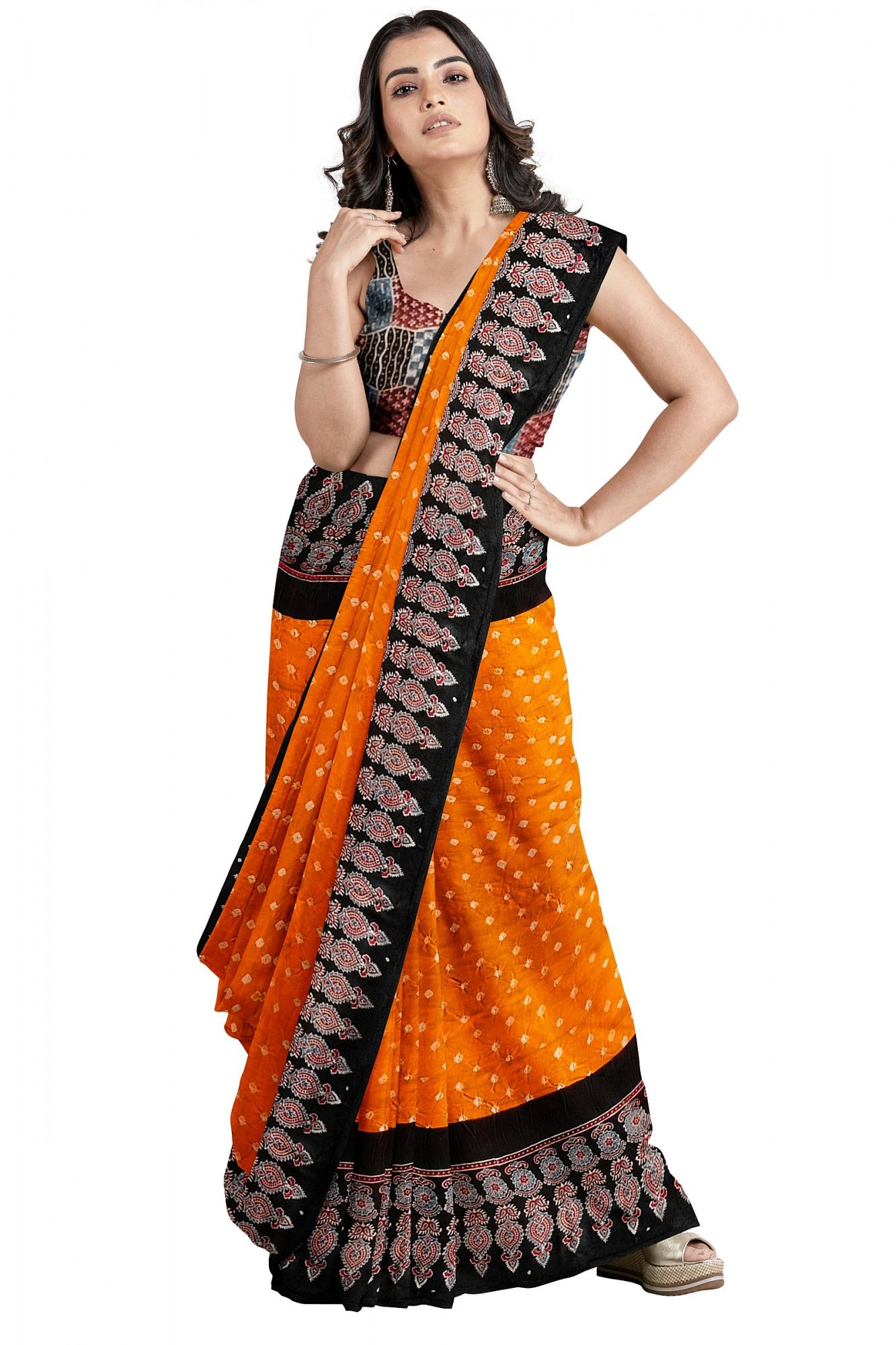 Hand Crafted Ajrakh Bandhni Modal Silk Saree