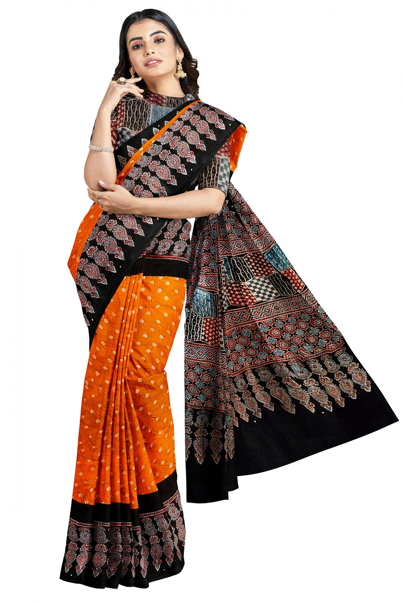 Hand Crafted Ajrakh Bandhni Modal Silk Saree