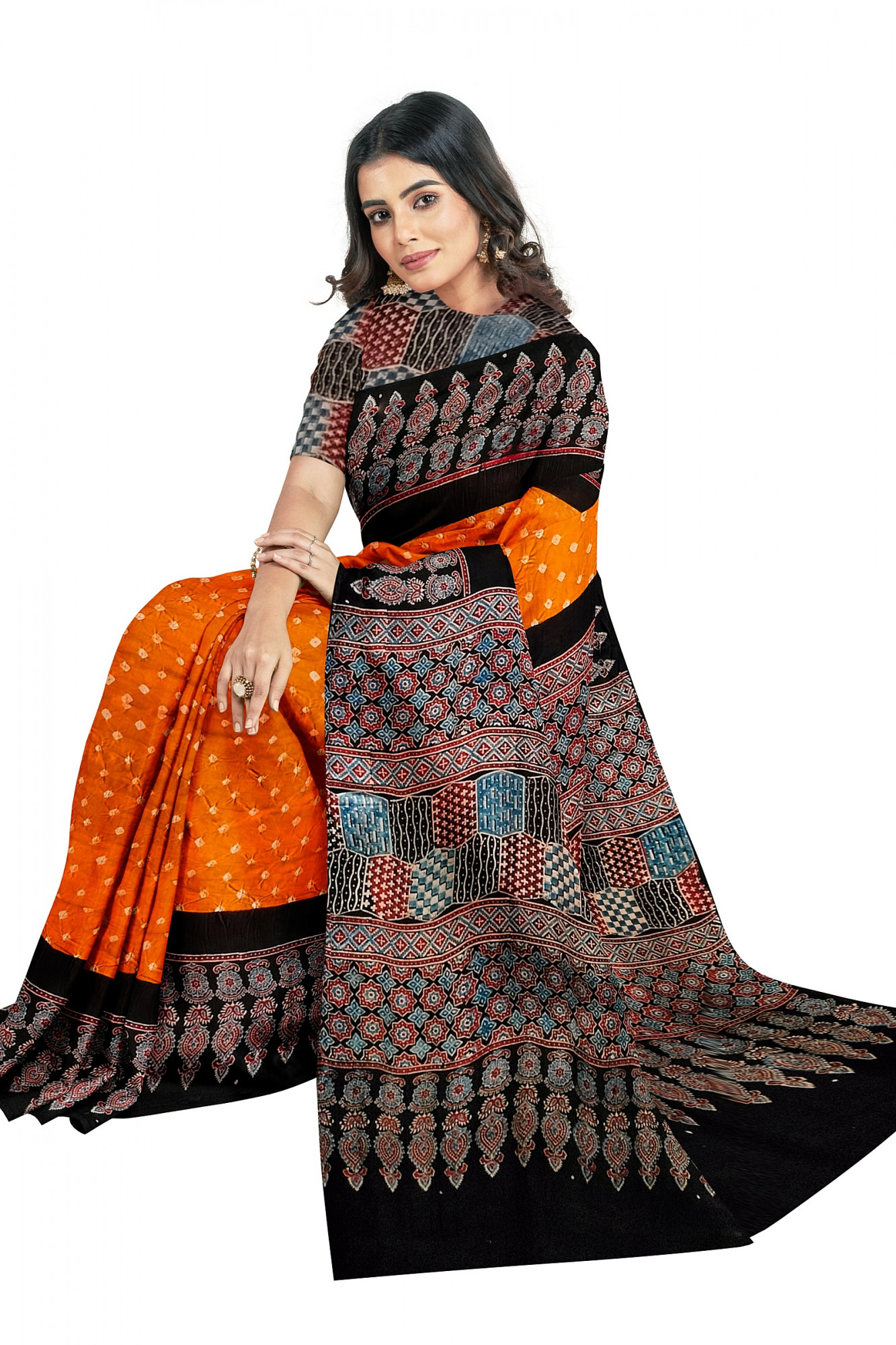Hand Crafted Ajrakh Bandhni Modal Silk Saree