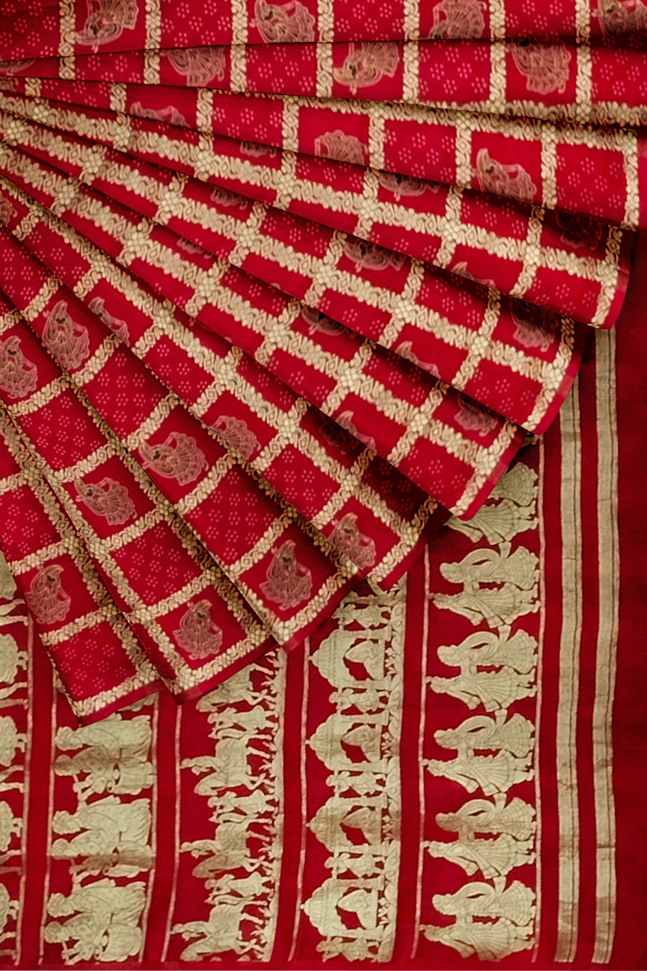 Exquisite Ajrakh Hand block Print Modal Silk Gharchola design Saree in Red