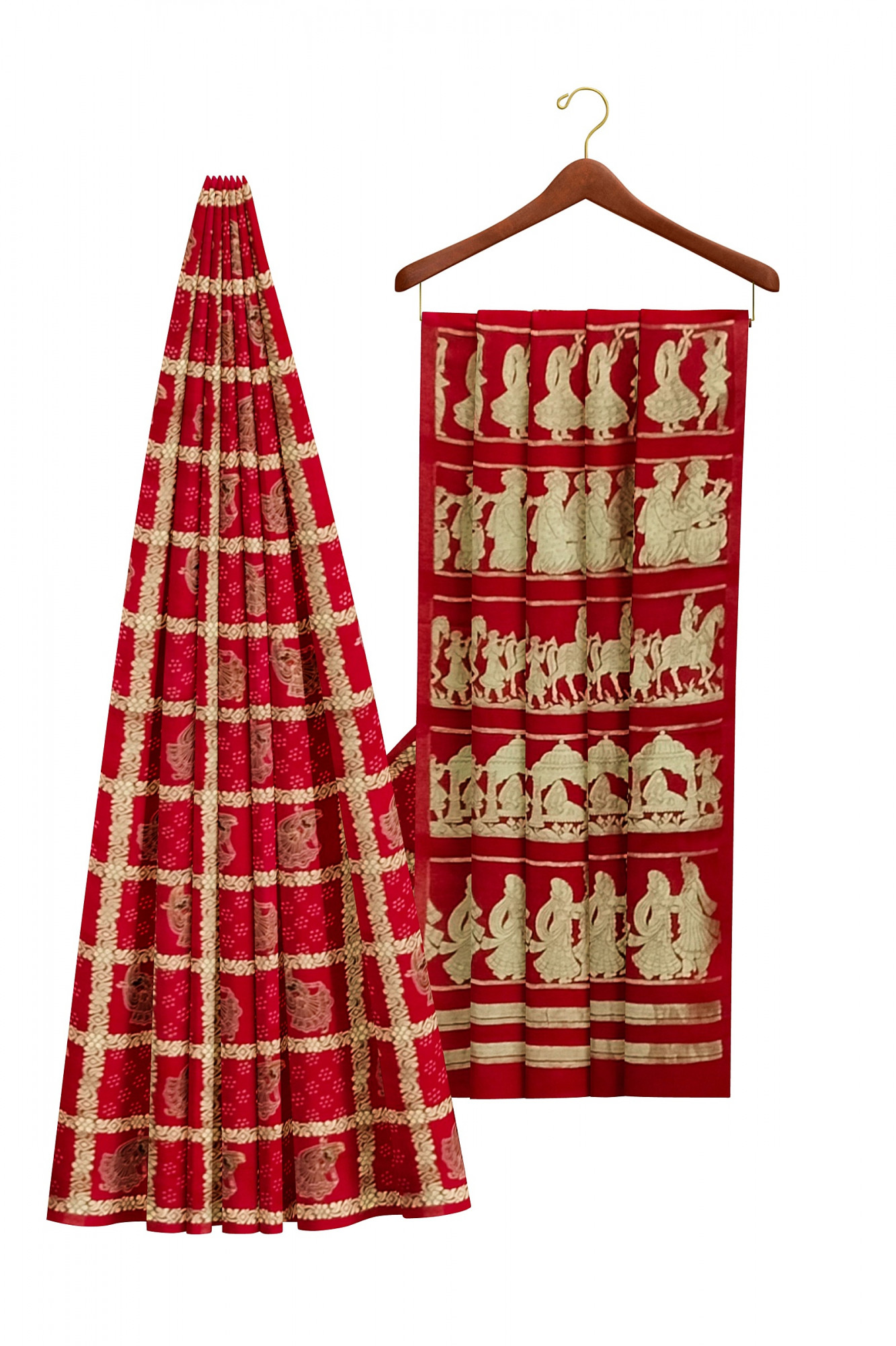 Exquisite Ajrakh Hand block Print Modal Silk Gharchola design Saree in Red