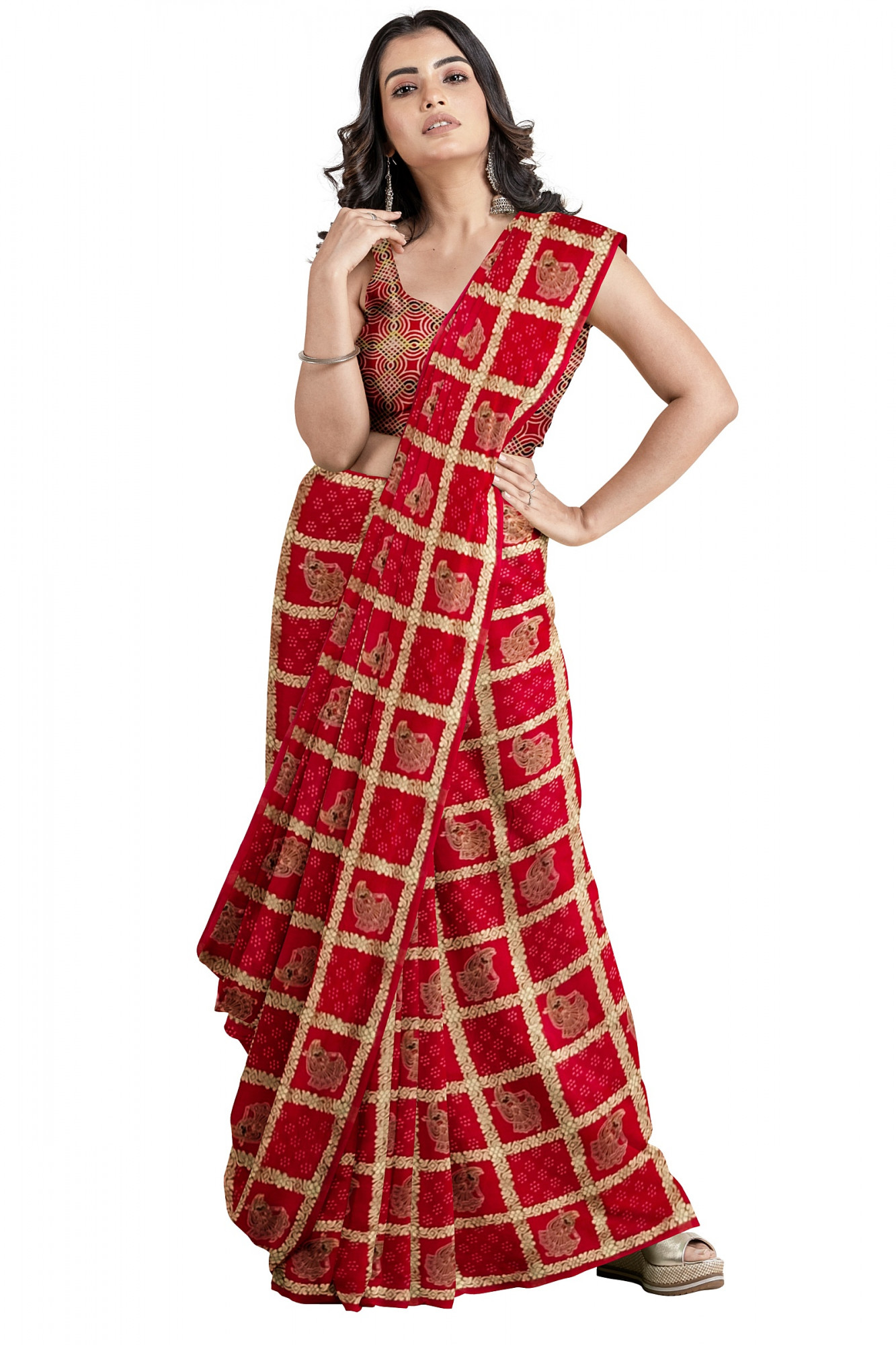 Exquisite Ajrakh Hand block Print Modal Silk Gharchola design Saree in Red
