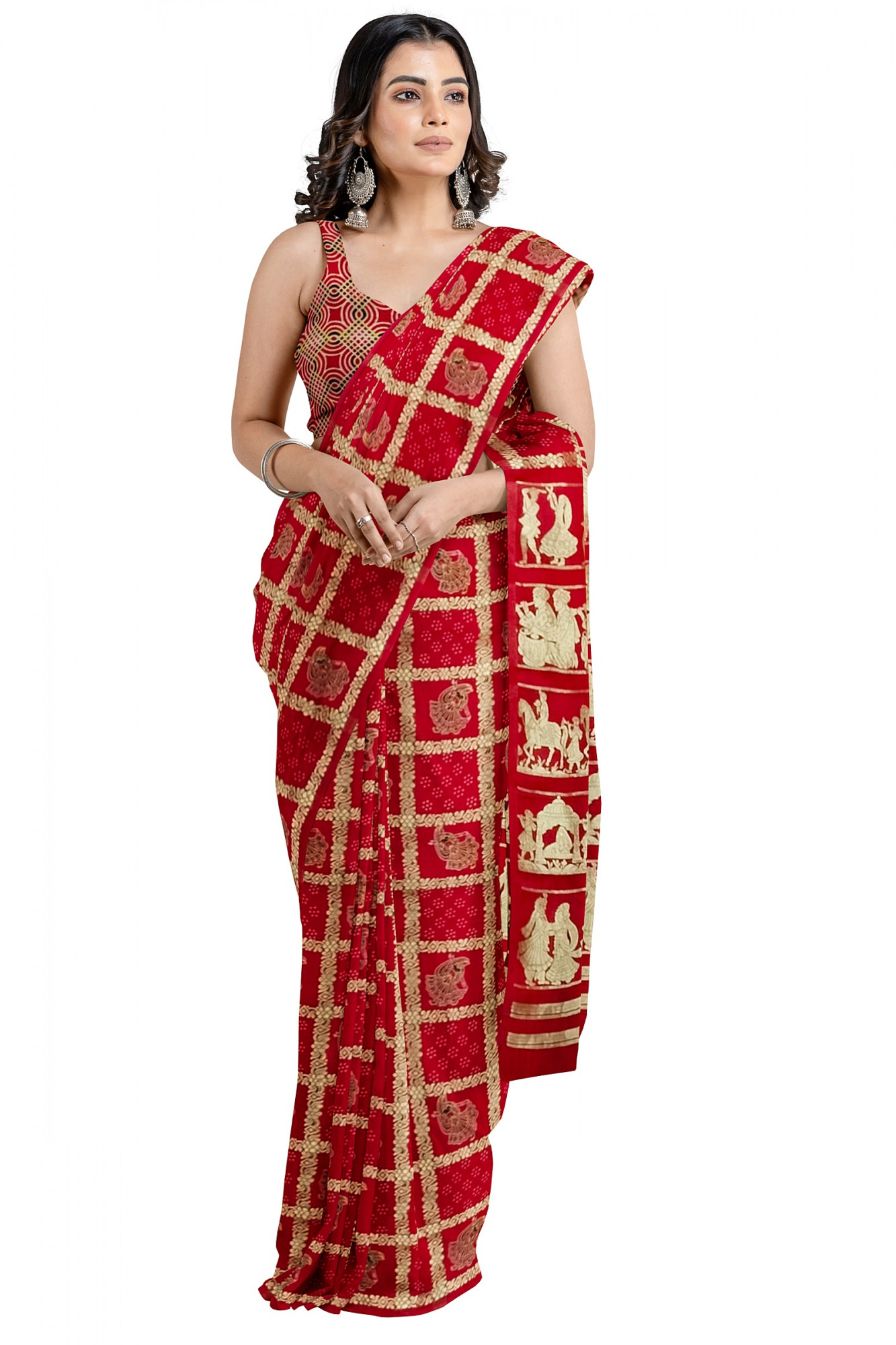 Exquisite Ajrakh Hand block Print Modal Silk Gharchola design Saree in Red