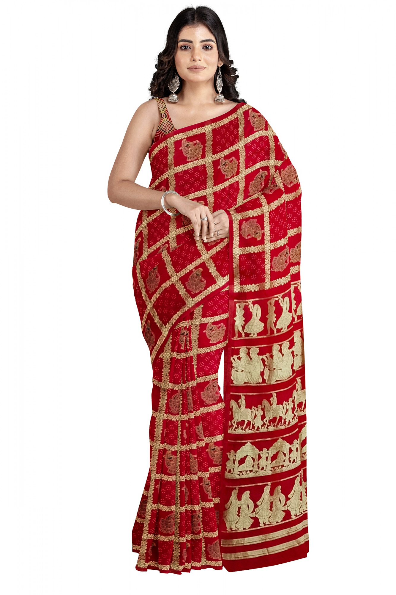 Exquisite Ajrakh Hand block Print Modal Silk Gharchola design Saree in Red