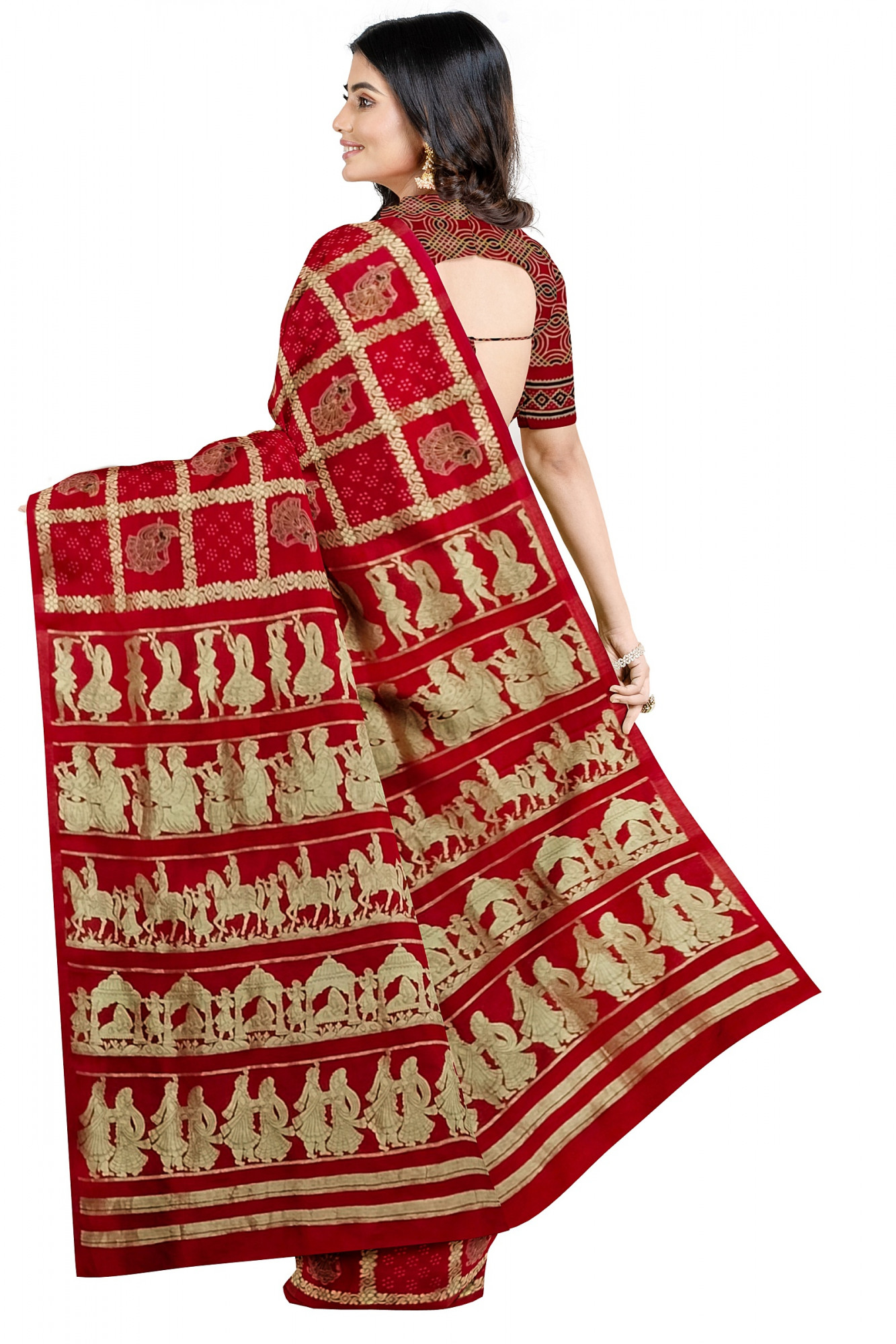 Exquisite Ajrakh Hand block Print Modal Silk Gharchola design Saree in Red
