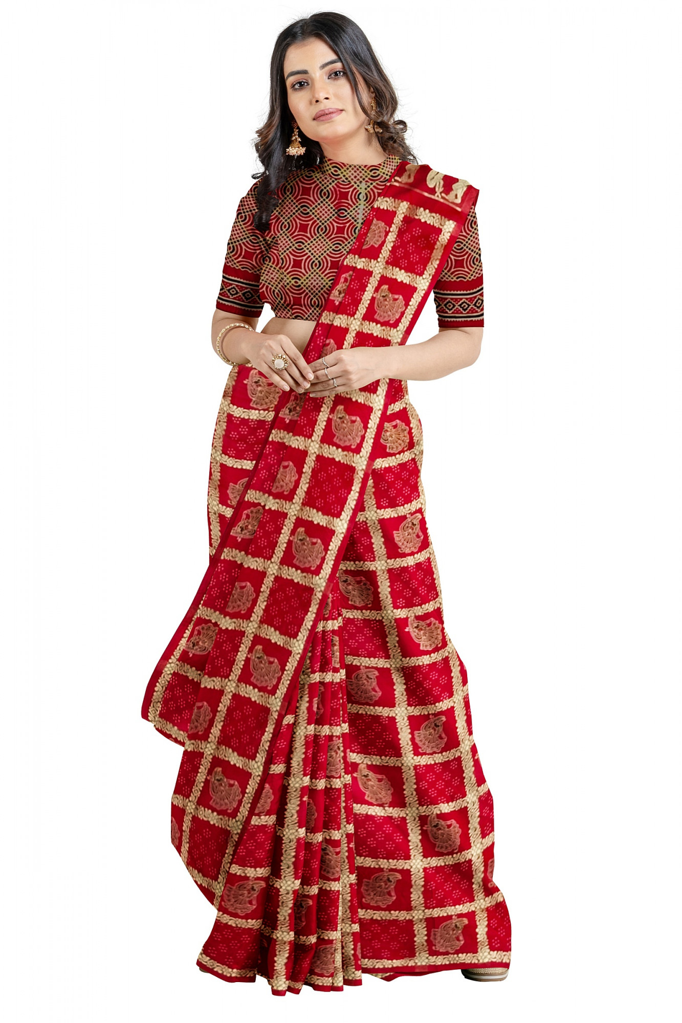 Exquisite Ajrakh Hand block Print Modal Silk Gharchola design Saree in Red