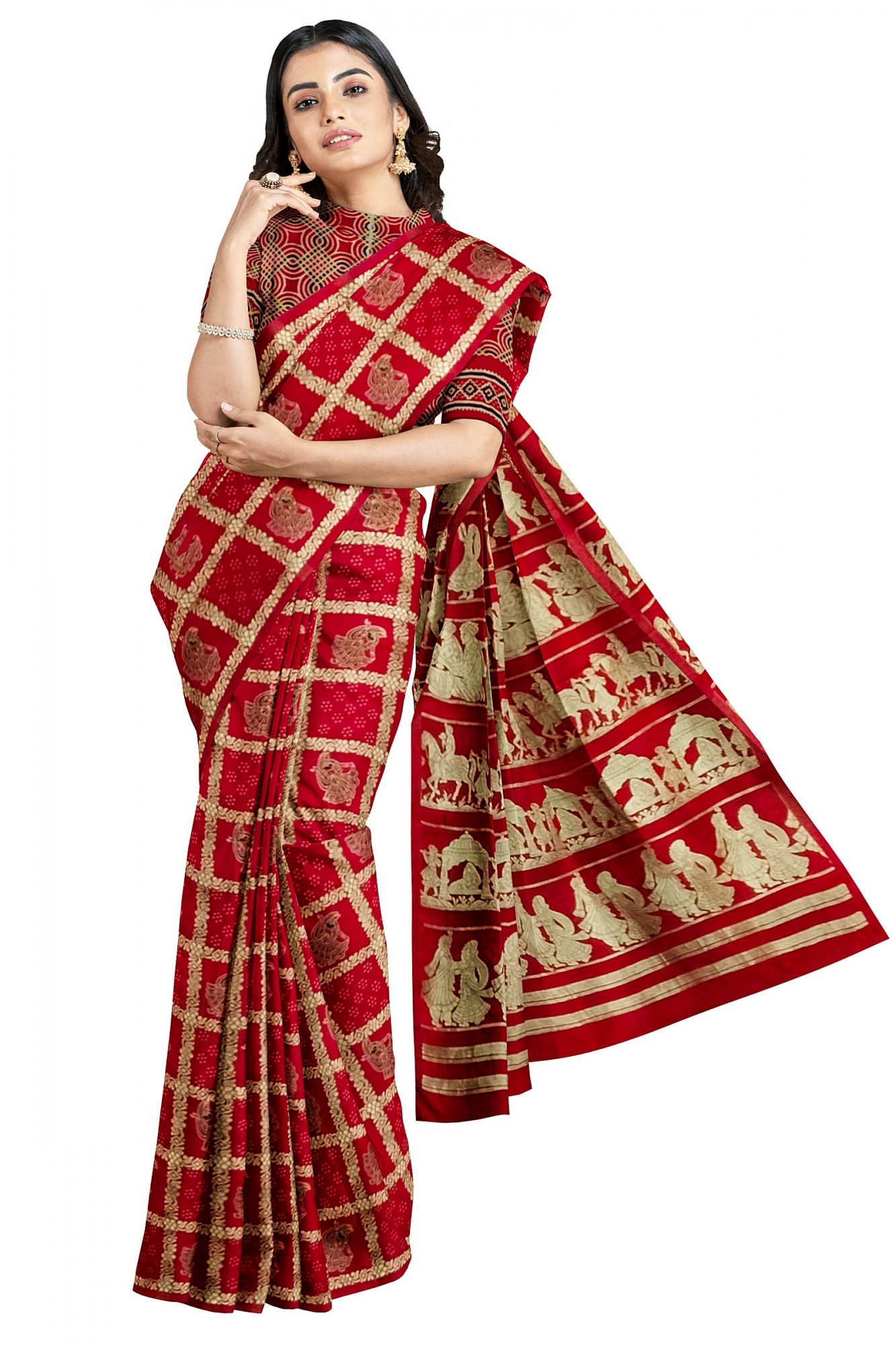 Exquisite Ajrakh Hand block Print Modal Silk Gharchola design Saree in Red