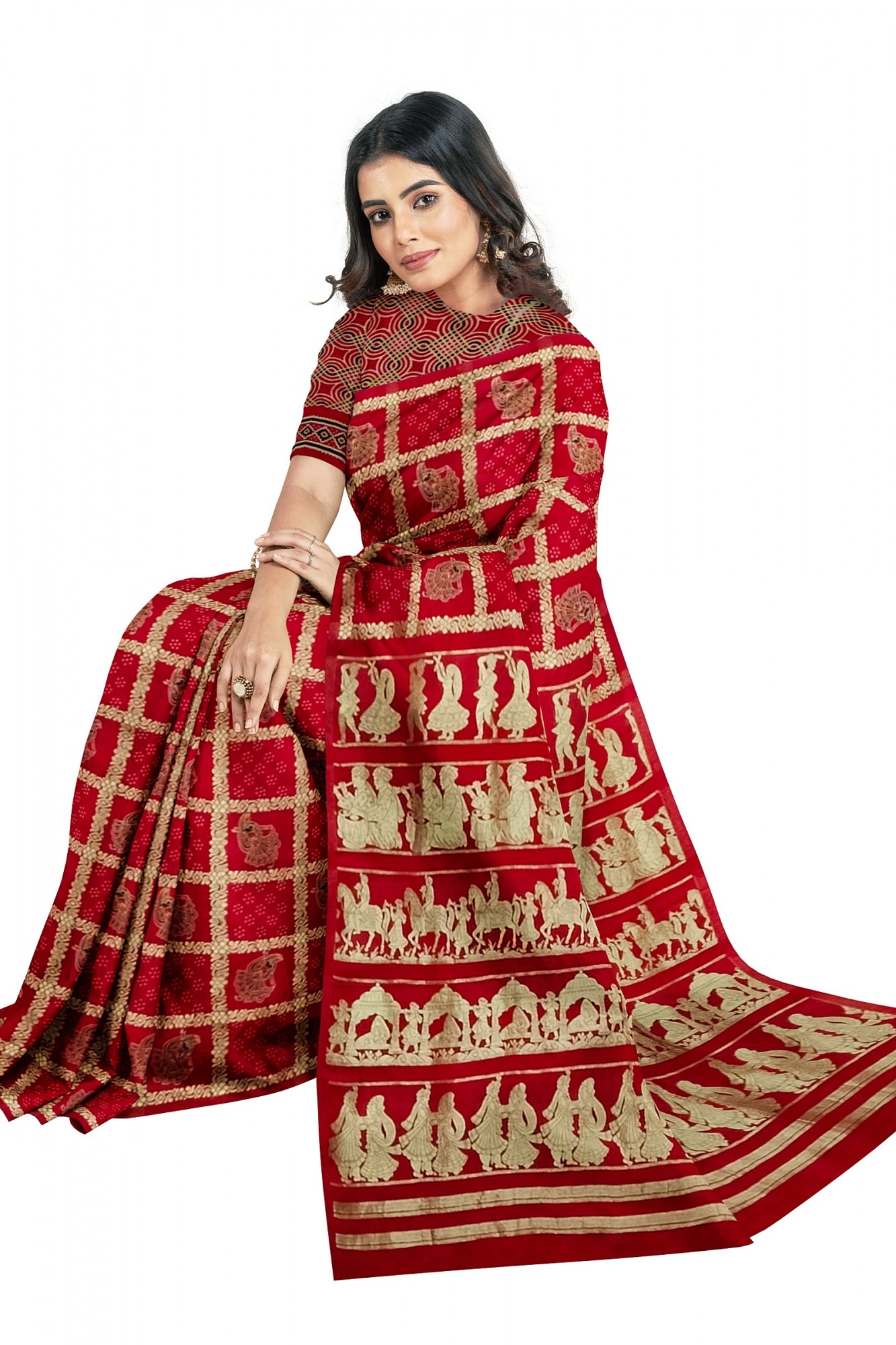 Exquisite Ajrakh Hand block Print Modal Silk Gharchola design Saree in Red