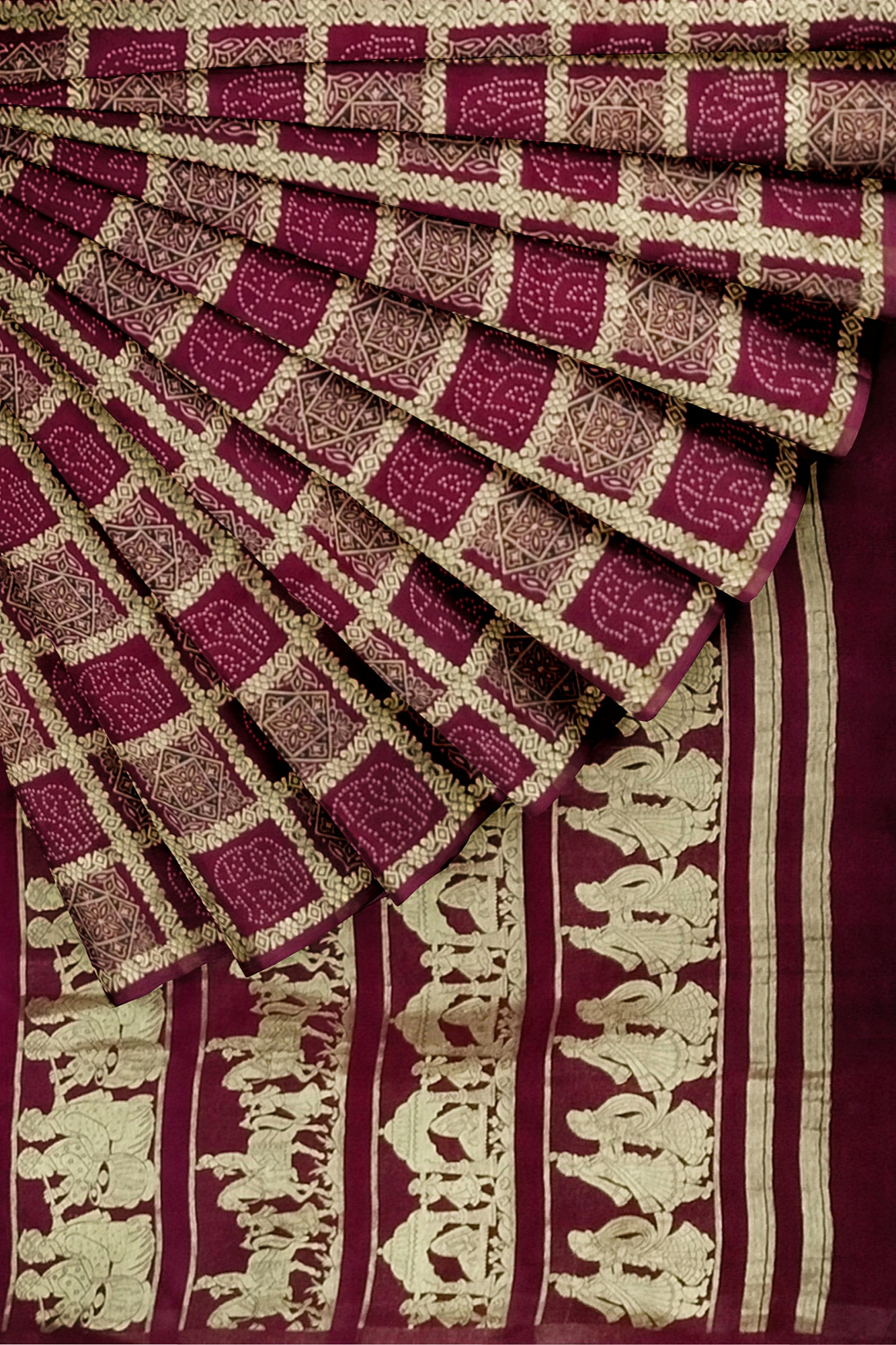 Exquisite Ajrakh Hand block Print Modal Silk Gharchola Design Saree in Maroon