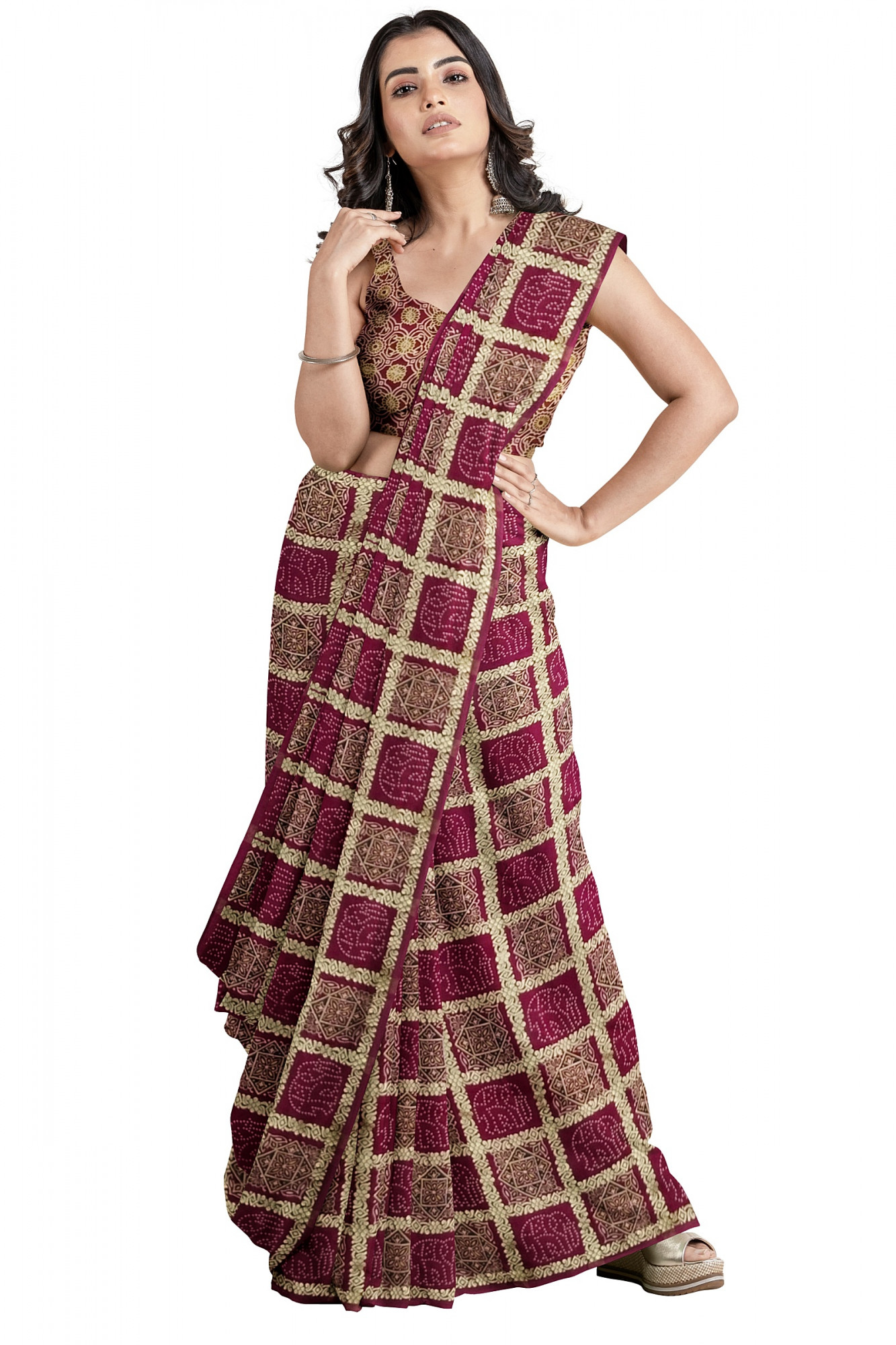 Exquisite Ajrakh Hand block Print Modal Silk Gharchola Design Saree in Maroon