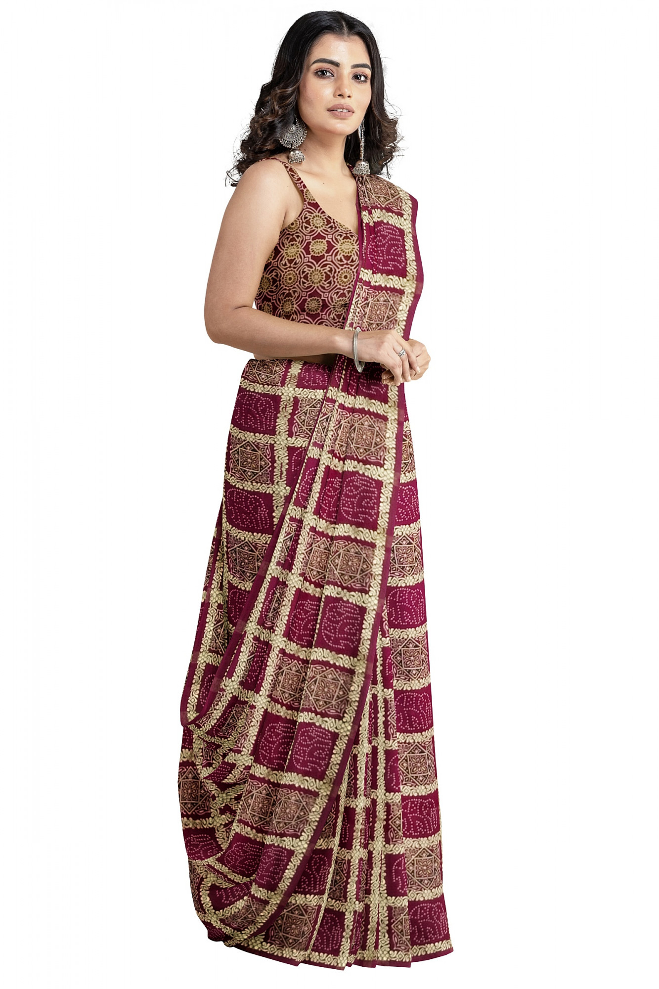 Exquisite Ajrakh Hand block Print Modal Silk Gharchola Design Saree in Maroon