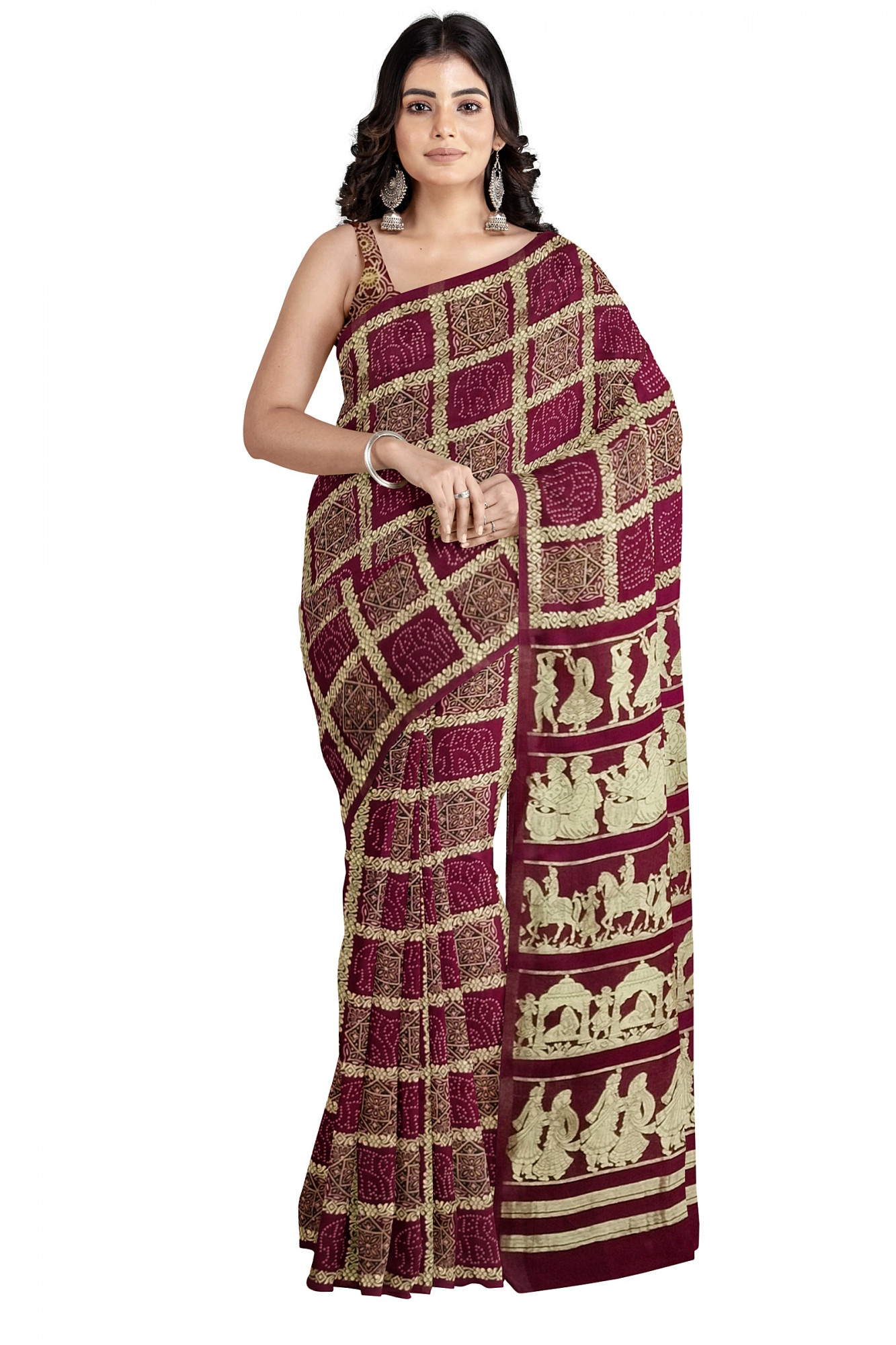 Exquisite Ajrakh Hand block Print Modal Silk Gharchola Design Saree in Maroon
