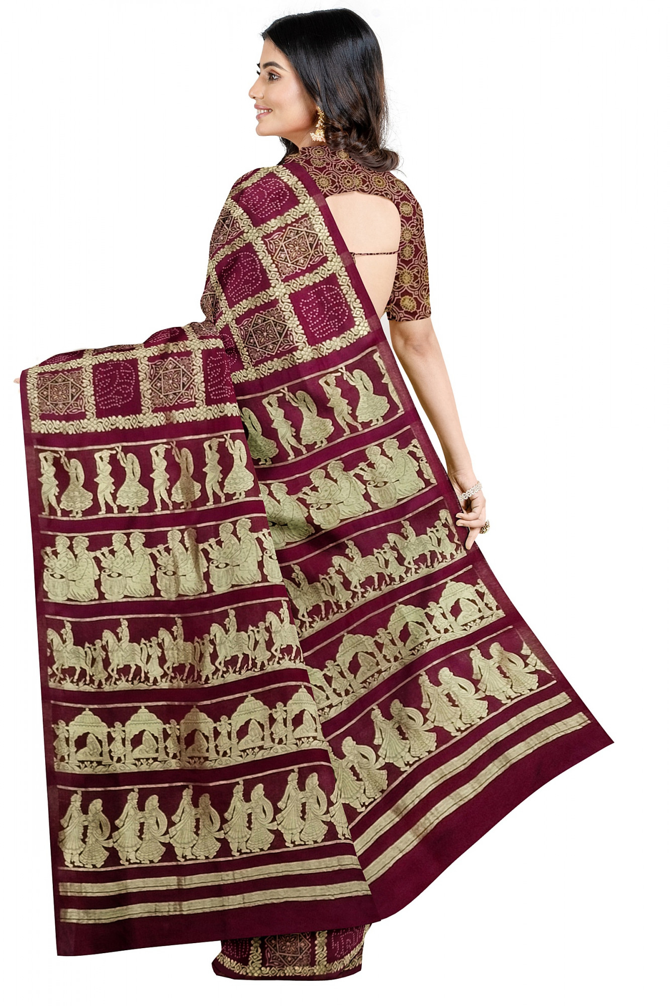 Exquisite Ajrakh Hand block Print Modal Silk Gharchola Design Saree in Maroon