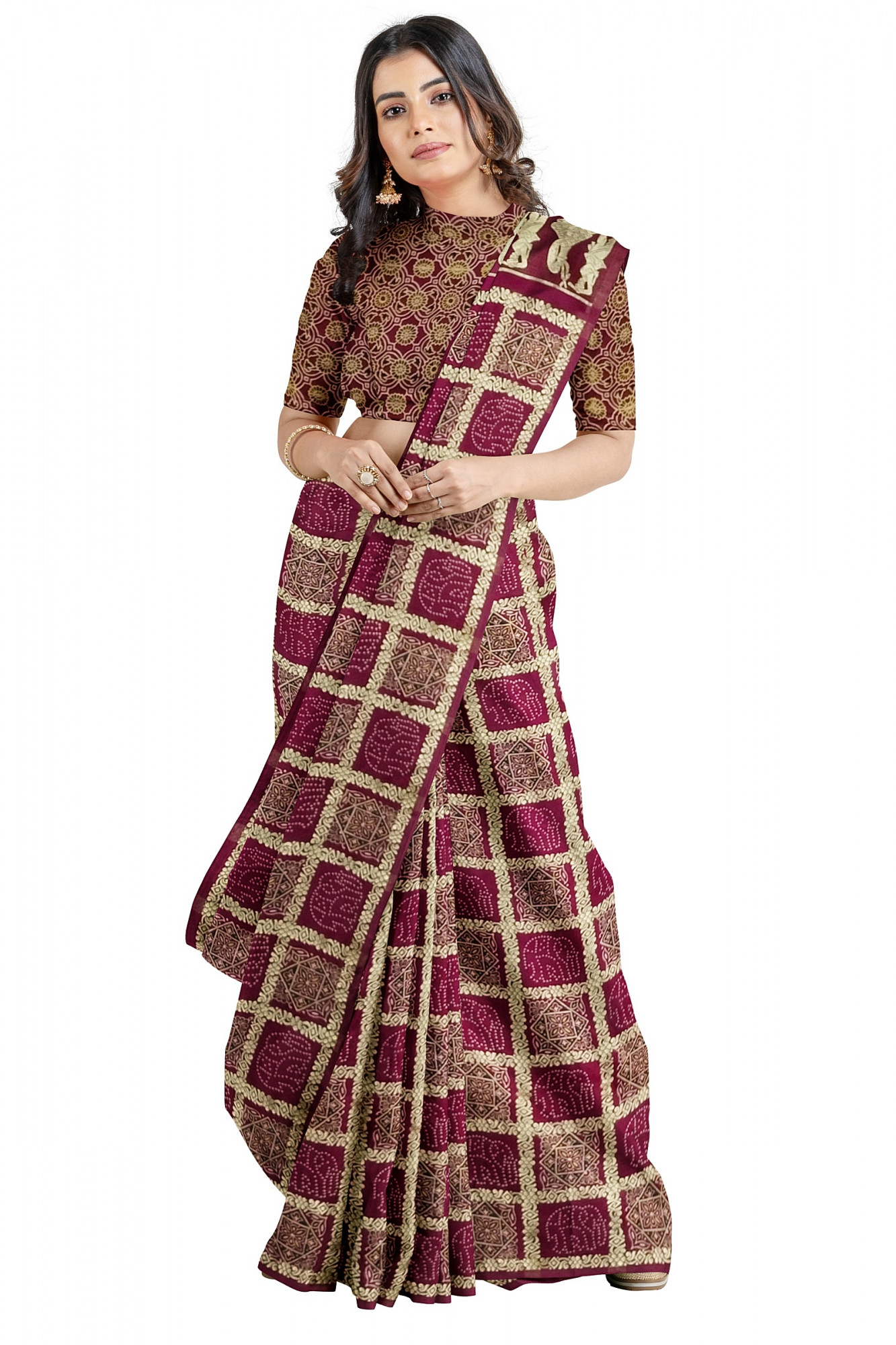 Exquisite Ajrakh Hand block Print Modal Silk Gharchola Design Saree in Maroon