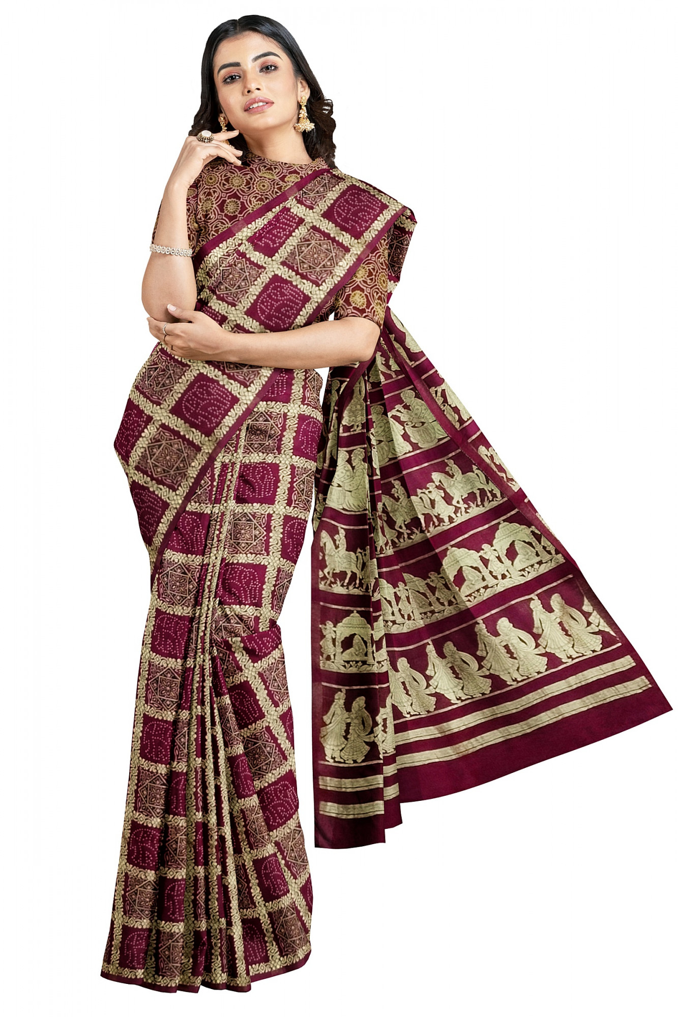 Exquisite Ajrakh Hand block Print Modal Silk Gharchola Design Saree in Maroon