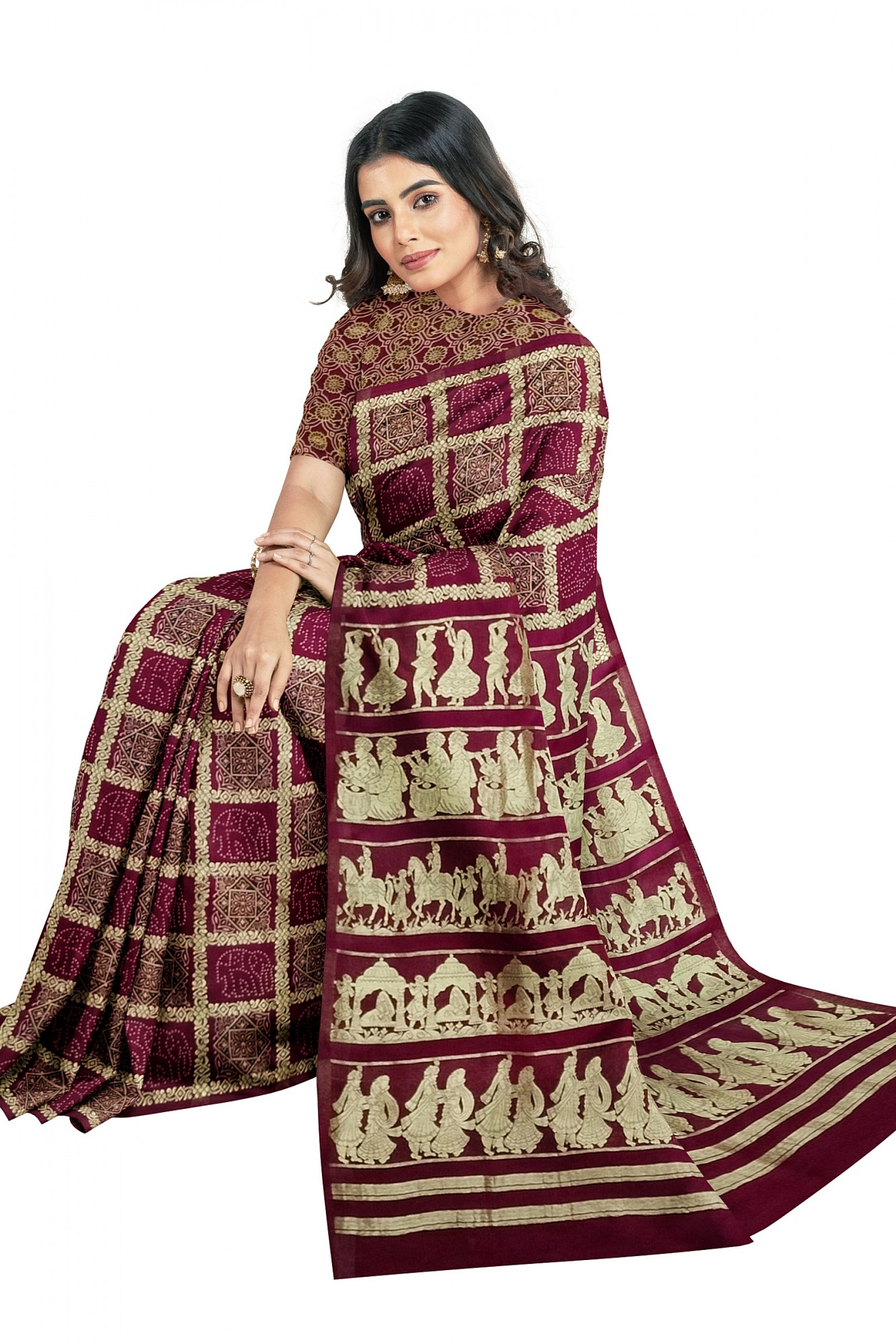 Exquisite Ajrakh Hand block Print Modal Silk Gharchola Design Saree in Maroon