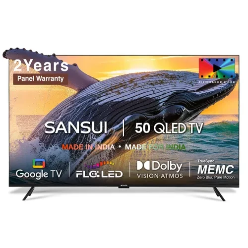 SANSUI 127 cm 50 inch 4K Ultra HD QLED Smart Google TV HDR10HLG Dolby Vision MEMC HSR 120Hz Dolby Atmos Screen Sharing Google Assistant Bezel-Less LED TV