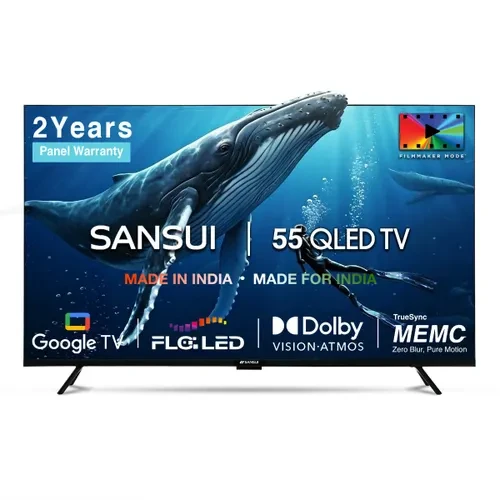 SANSUI 140 cm 55 inch 4K Ultra HD QLED Smart Google TV  HDR10HLG  Dolby Vision  MEMC with 120 Hz HSR  Dolby Atmos  Screen Sharing  Google Assistant  Bezel-Less LED TV