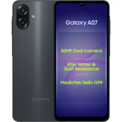 Samsung Galaxy A07 Black 4 GB RAM 64GB Storage MediaTek Helio G99  5000mAh Battery  IP54 Dust and Water Protection