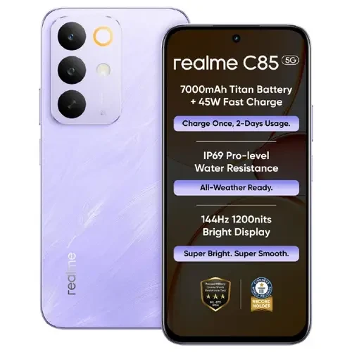 realme C85 5G 4GB RAM 128GB Storage Dimensity 6300 7000mAh Battery Military-Grade Shock Resistance Parrot Purple