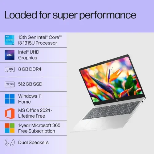 HP Laptop 13th Gen Intel Core i3 8GB RAM 512GB SSD 156 Inch 3962 cm FHD Display Intel UHD Graphics Windows 11 MS-Office 15-fd0838TU