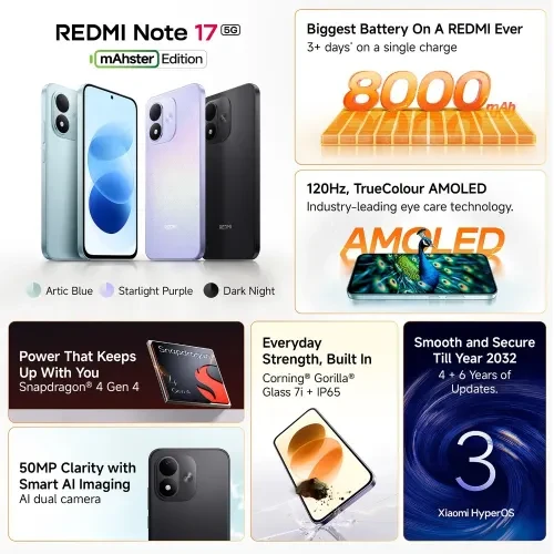 Redmi Note 17 5G 6GB RAM 128GB Storage  Snapdragon 4 Gen 4  8000mAh Battery  50MP AI Camera  Arctic Blue