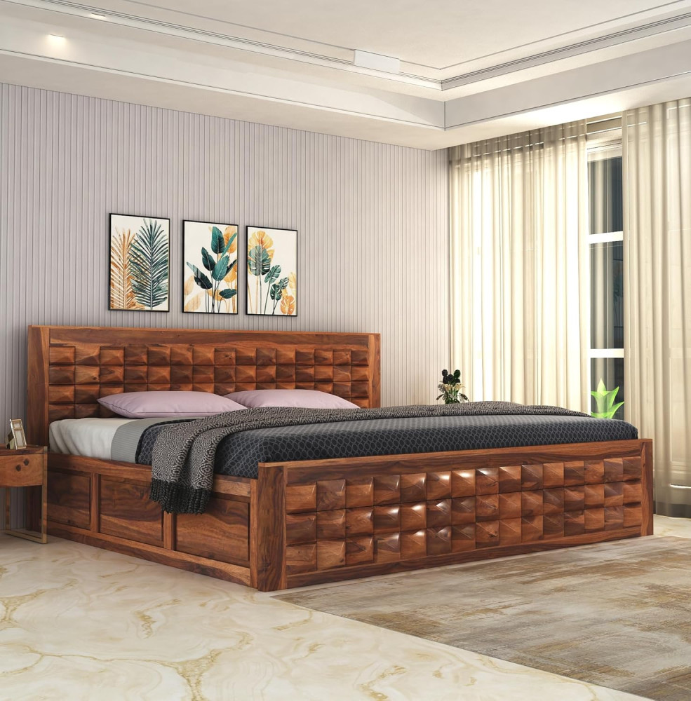 Image of Diamond Sheesham Wood King Size Bed with Storage Box