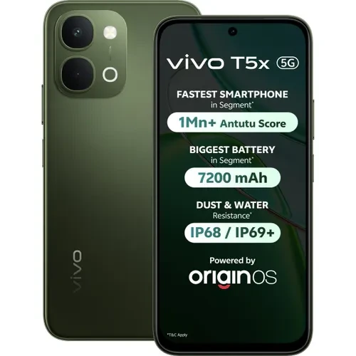 vivo T5x 5G 8GB RAM 256GB Storage MediaTek Dimensity 7400 7200 mAh Battery Reverse Charging Cyber Green