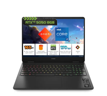 HP OMEN Gaming Laptop 14th Gen Intel Core i7 24GB RAM 1TB SSD 16 Inch 406 cm Diagonal Display 8GB-NVIDIA GeForce RTX 5050 Graphics Windows 11 MS-Office 16-am0241TX