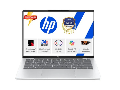 HP OmniBook 5 Next Gen AI Laptop Snapdragon X X1-26-100 16GB LPDDR5x RAM 1TB SSD 14 Inch 356 cm diagonal 2K OLED Display Qualcomm Adreno GPU Windows 11 MS-Office 14-he0015QU