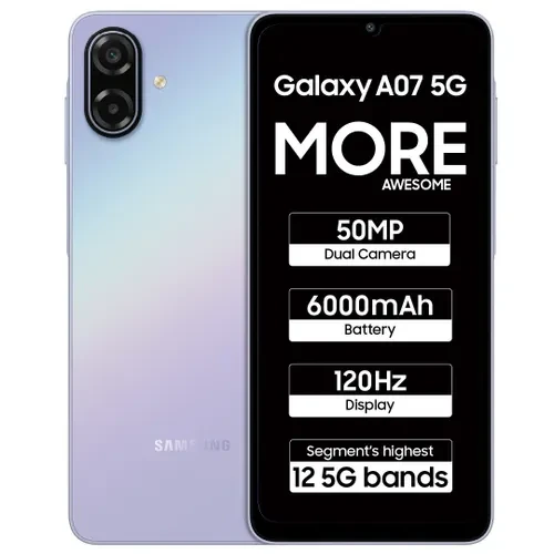 Samsung Galaxy A07 5G 6GB RAM 128GB Storage MediaTek Dimensity 6300 6000mAh Battery 120Hz Display Light Violet