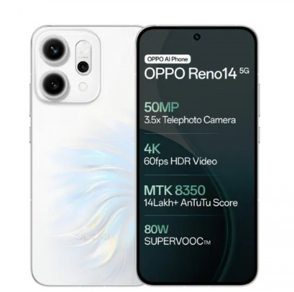 Image of OPPO Reno14 5G (Pearl White, 12GB RAM, 512GB Storage) with No Cost EMI/Exchange Available