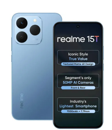 realme 15T 5G 8GB RM128GB Storage Silk Blue 7000mAh Battery IP666869 Water Resistance 50MP 2MP Dual Rear Camera