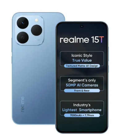 realme 15T 5G 8GB RM256GB Storage Silk Blue 7000mAh Battery IP666869 Water Resistance 50MP 2MP Dual Rear Camera
