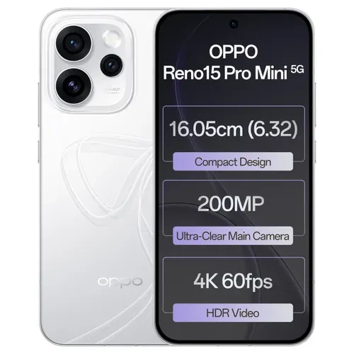 OPPO Reno15 Pro Mini 5G 12GB RAM 512GB Storage  MediaTek Dimensity 8450  6200mAh Battery  IP69 Water and Dust Resistance  Glacier White