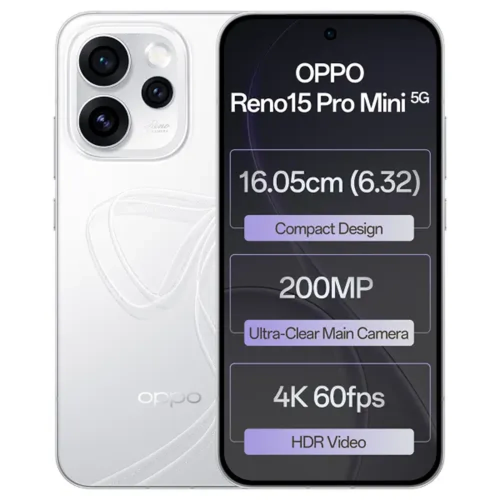 Image of OPPO Reno15 Pro Mini 5G (12GB RAM, 512GB Storage) | MediaTek Dimensity 8450 | 6200mAh Battery | IP69 Water and Dust Resistance | Glacier White