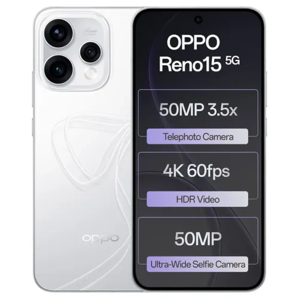 Image of OPPO Reno15 5G (12GB RAM, 512GB Storage) | Snapdragon 7 Gen 4 | 6500mAh Battery | IP69 Rated ( Glacier White)
