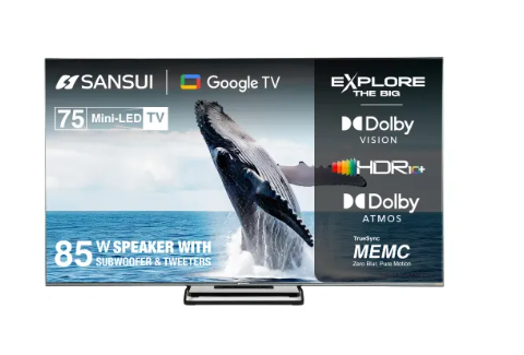 SANSUI 189 cm 75 inch 4K Ultra HD Quantum Dot Mini LED Smart Google TV HDR10HLG Dolby Vision MEMC with 120 Hz HSR VRR Dolby Atmos 212 Far-Field Voice Control Screen Sharing Google Assistant Bezel-Less IPS Display
