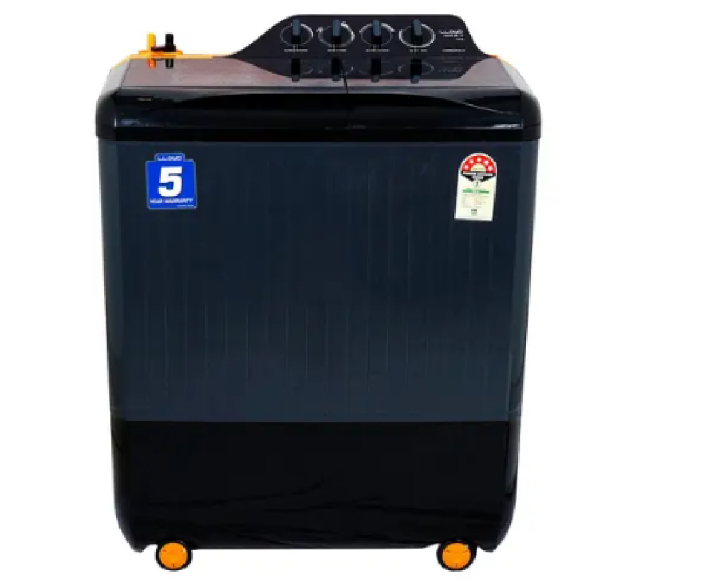 Image of Lloyd 9 KG 5 Star Semi Automatic Top Load Washing Machine | 5 Wash Programs | Special Detergent Mix (GLWMS90HVGEX, Grey with Vibrant Orange)